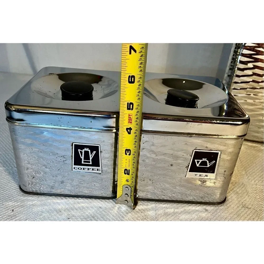 Vintage 4 Piece MCM Chrome/Black Wavy Diamond Textured Canister Set READ